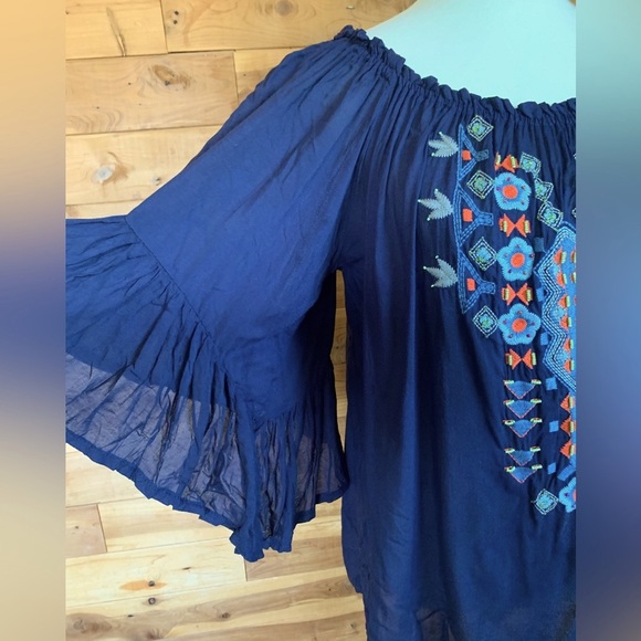 Urban Mangoz Embroidered Navy Beaded Boho Ruffled Blouse Size M - Picture 4 of 5